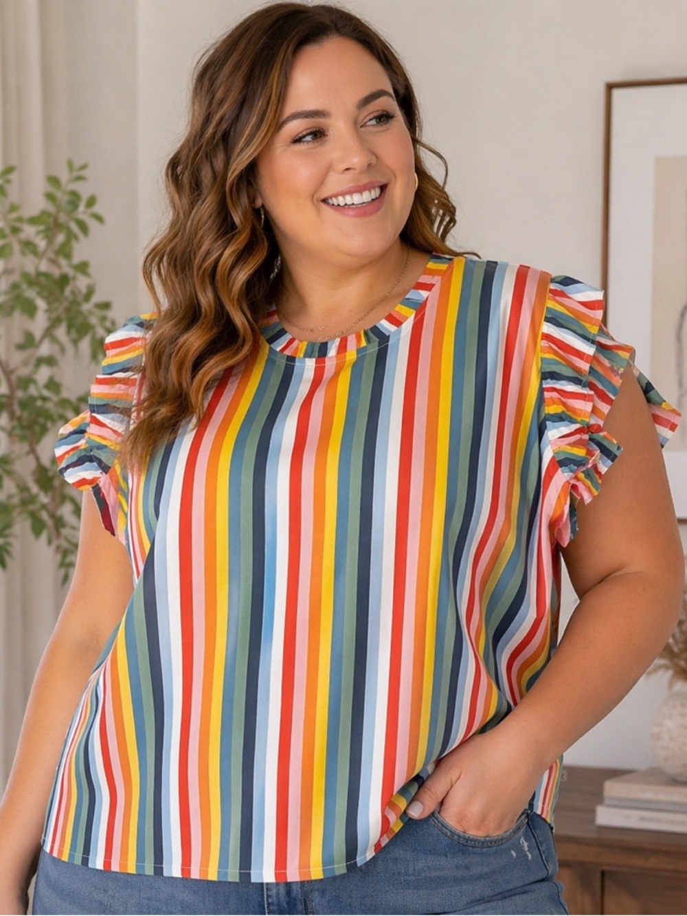The Tiny Tassel Rainbow Striped 100% Cotton Tee Shirt Top Women’s 3XL Plus Size
